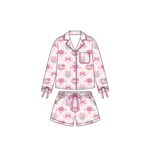 preorder GLS0235 Easter Bunny Rabbit Flowers Bows Pink Long Sleeve Shorts Girls Set
