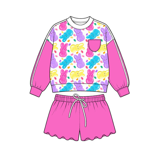preorder GLS0237 Easter Peep Bunny Rabbit Long Sleeve Hot Pink Shorts Girls Set
