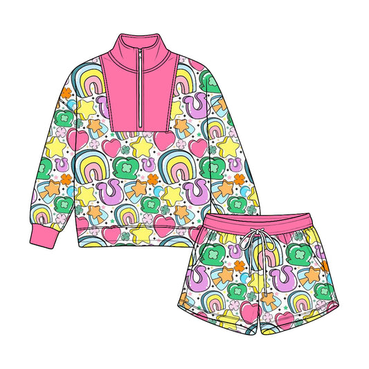 preorder GLS0238 St Patrick Heart Rainbow Long Sleeve Shorts Girls Set