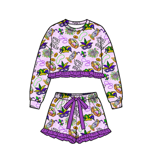preorder GLS0252 Mardi Gras Long Sleeve Shorts Girls Set
