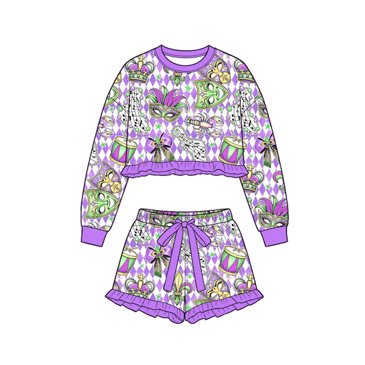 preorder GLS0254 Mardi Gras Long Sleeve Shorts Girls Set