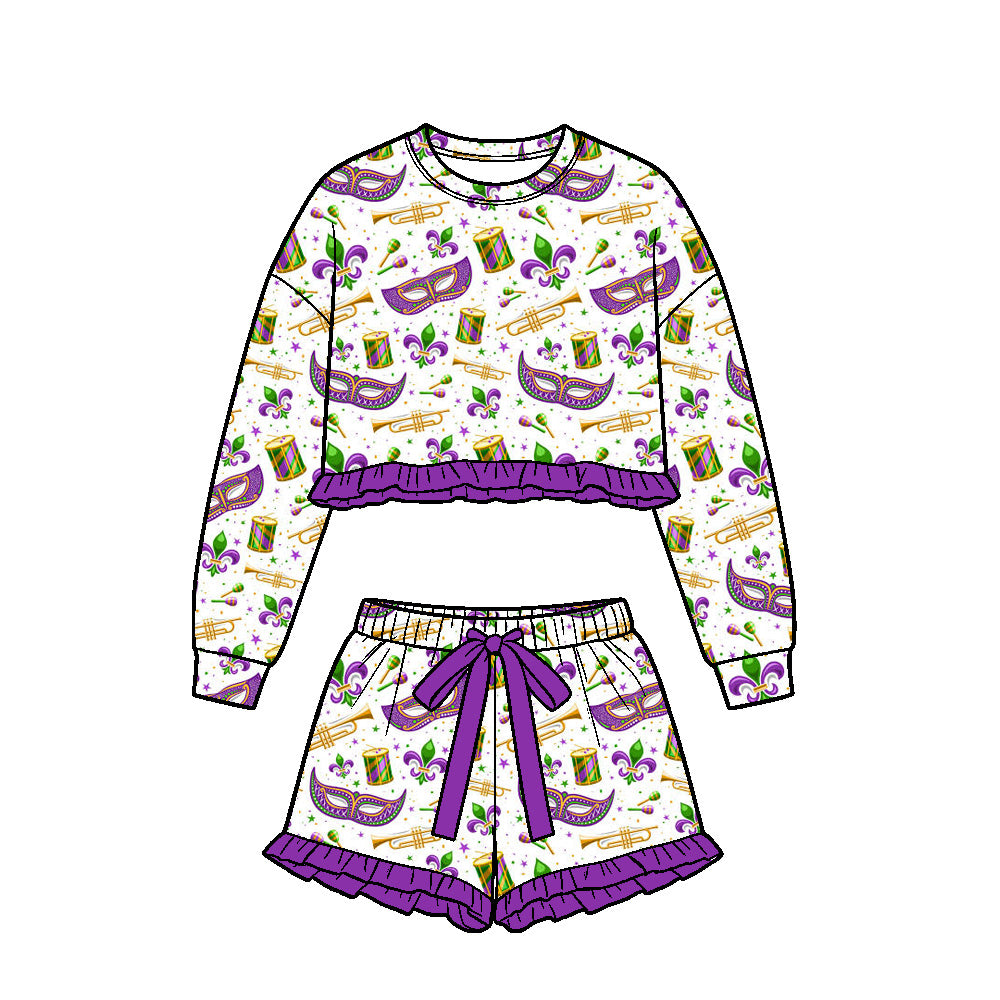 preorder GLS0255 Mardi Gras Long Sleeve Shorts Girls Set