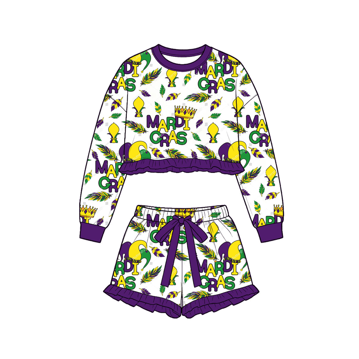preorder GLS0256 Mardi Gras Long Sleeve Shorts Girls Set