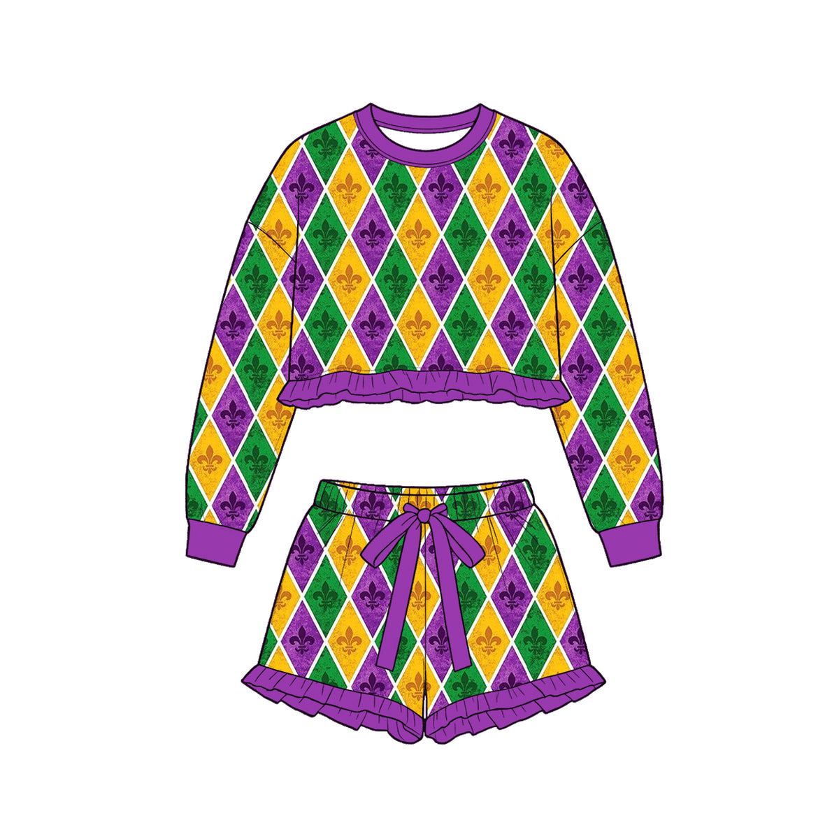 preorder GLS0258 Mardi Gras Long Sleeve Shorts Girls Set