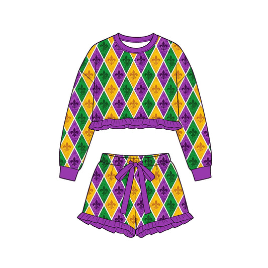 preorder GLS0258 Mardi Gras Long Sleeve Shorts Girls Set