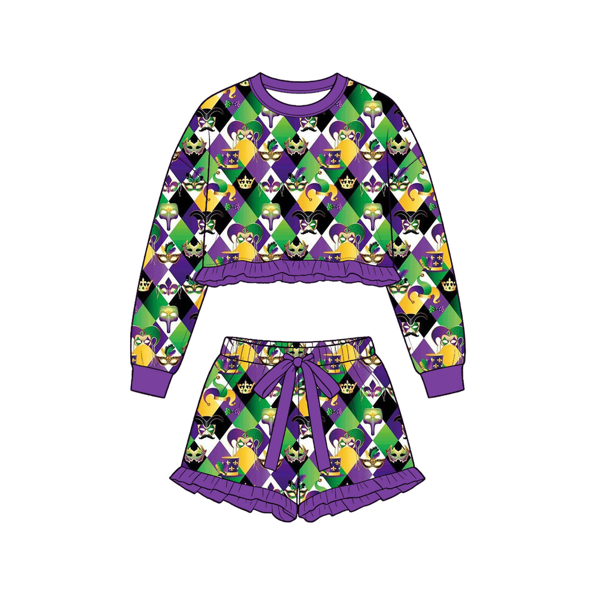 preorder GLS0260 Mardi Gras Long Sleeve Shorts Girls Set