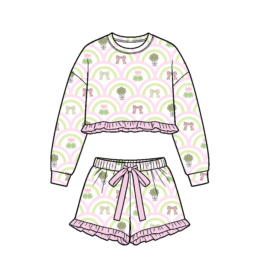 preorder GLS0261 St Patrick Clover Bows Long Sleeve Shorts Girls Set