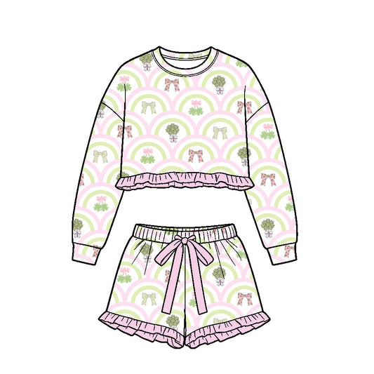 preorder GLS0261 St Patrick Clover Bows Long Sleeve Shorts Girls Set