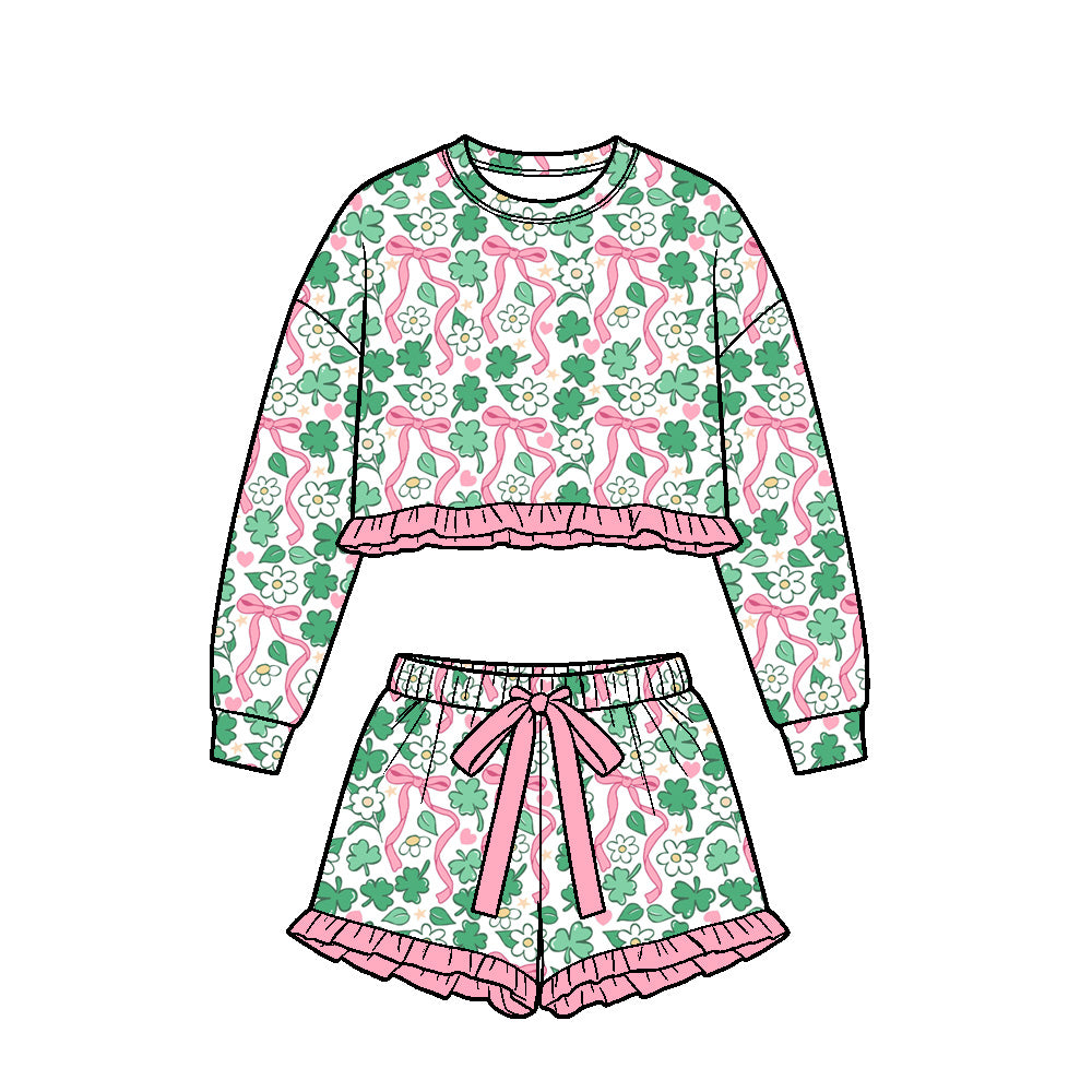 preorder GLS0262 St Patrick Clover Bows Long Sleeve Shorts Girls Set