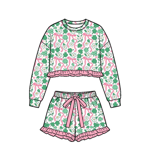 preorder GLS0262 St Patrick Clover Bows Long Sleeve Shorts Girls Set