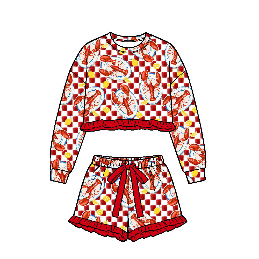 preorder GLP3909 Crayfish Red Checkered Long Sleeve Shorts Girls Set