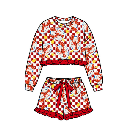 preorder GLP3909 Crayfish Red Checkered Long Sleeve Shorts Girls Set
