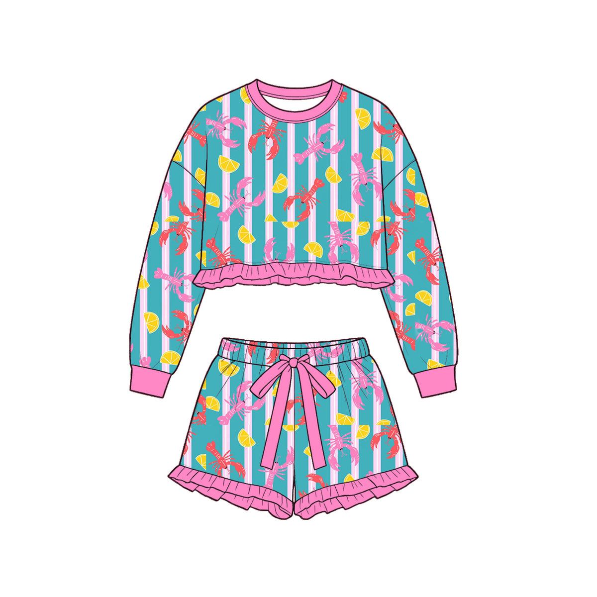 preorder GLS0264 Crayfish Blue Striped Long Sleeve Shorts GIrls Set