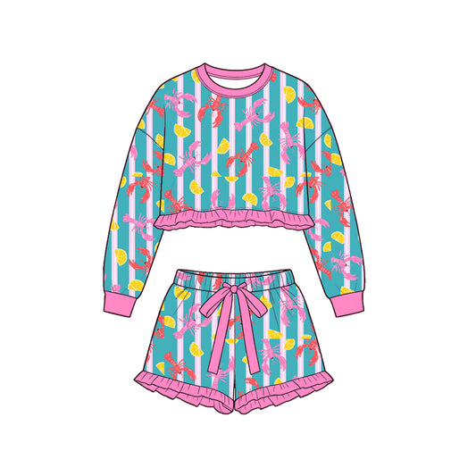 preorder GLS0264 Crayfish Blue Striped Long Sleeve Shorts GIrls Set