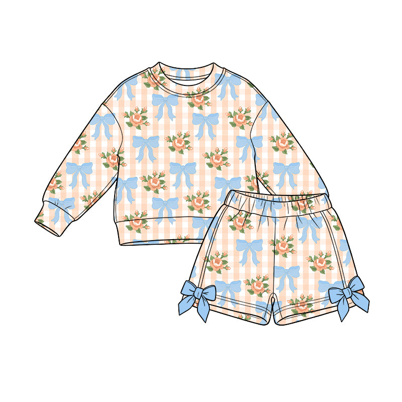 preorder GLS0265 Bows Flowers Long Sleeve Shorts GIrls Set