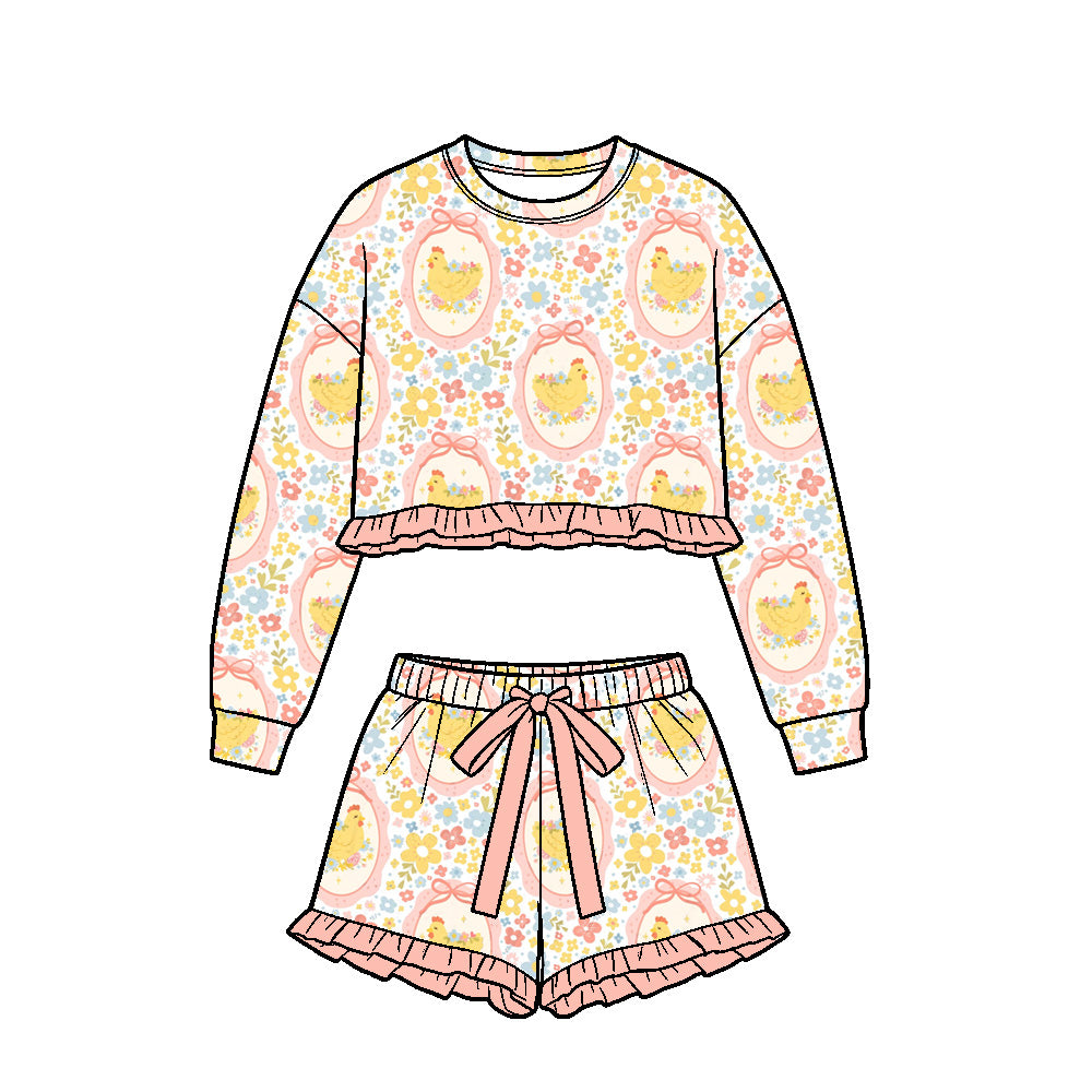 preorder GLS0266 Chick Flowers Long Sleeve Shorts Girls Set
