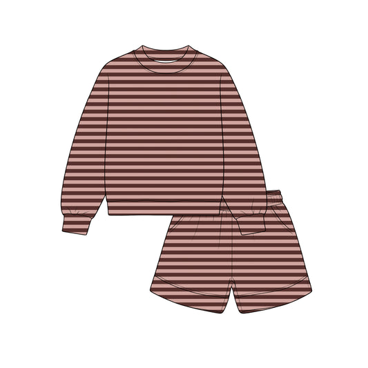 preorder GLS0272 Maroon Striped Long Sleeve Shorts Girls Set