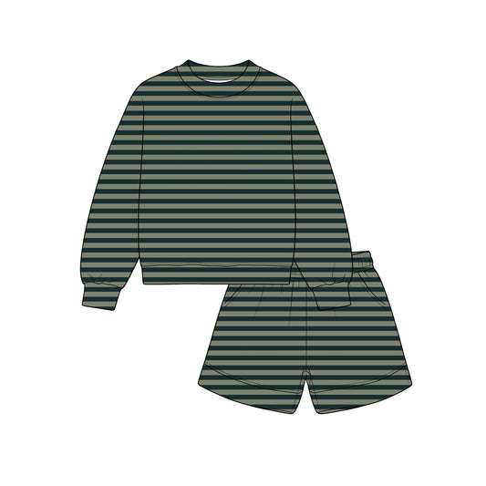 preorder GLS0275 Green Striped Long Sleeve Shorts Girls Set