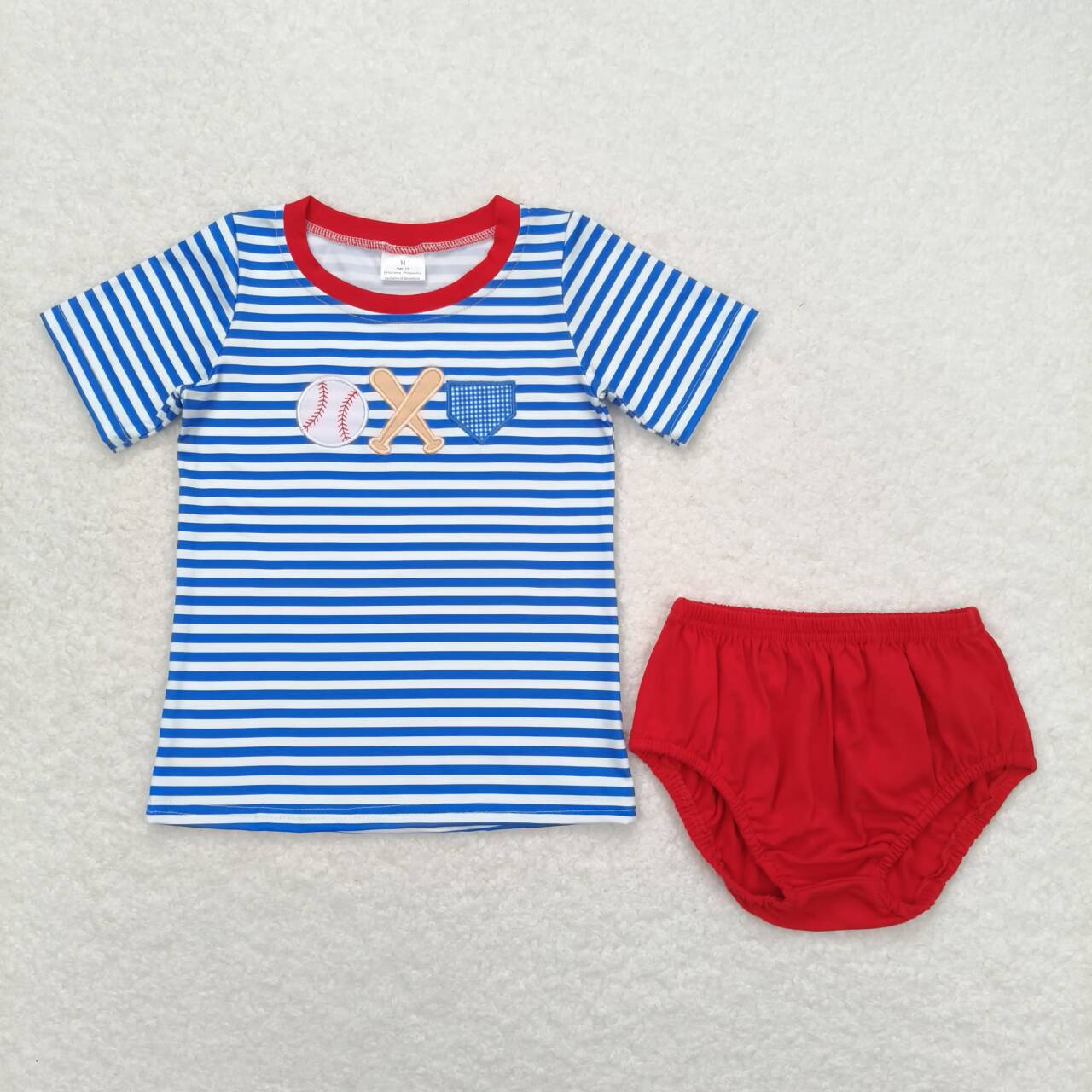 GBO0355 embroidery Play Baseball Blue Striped Short Sleeve Red Boys Bummies Set