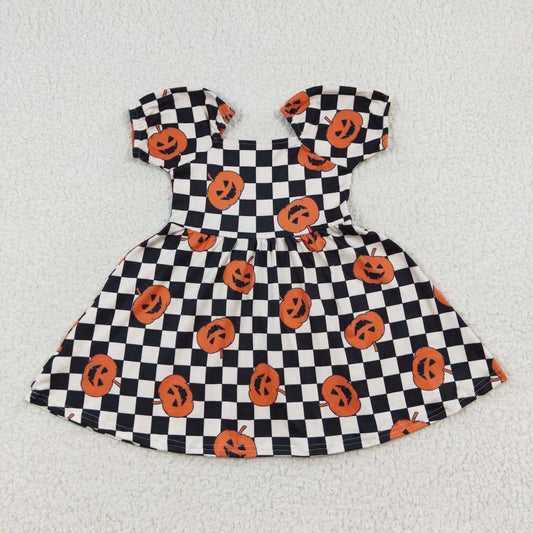 GLD0302 Halloween Pumpkin Black Plaid Print Short Sleeve Girls Dress