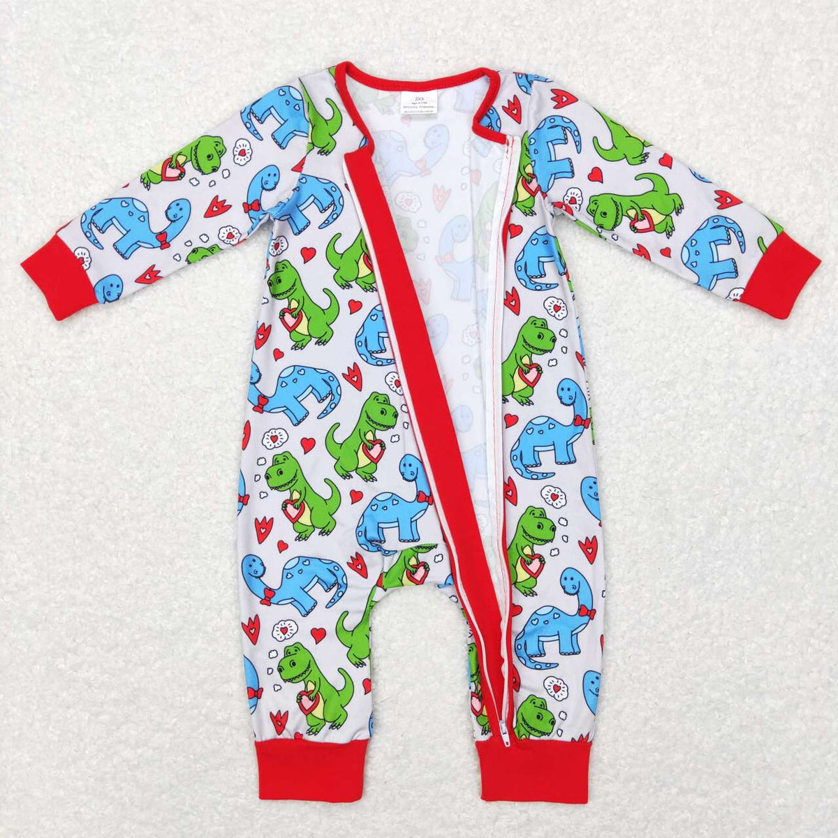 LR0831 Valentine's Day dinosaur heart long sleeve zipper kids romper