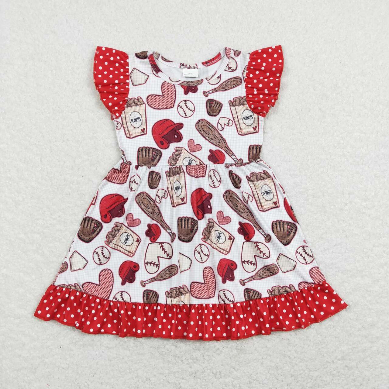 GSD0708 Baseball Heart Red Flutter Sleeve Girls Dress Kids Valentine's Day Clothes