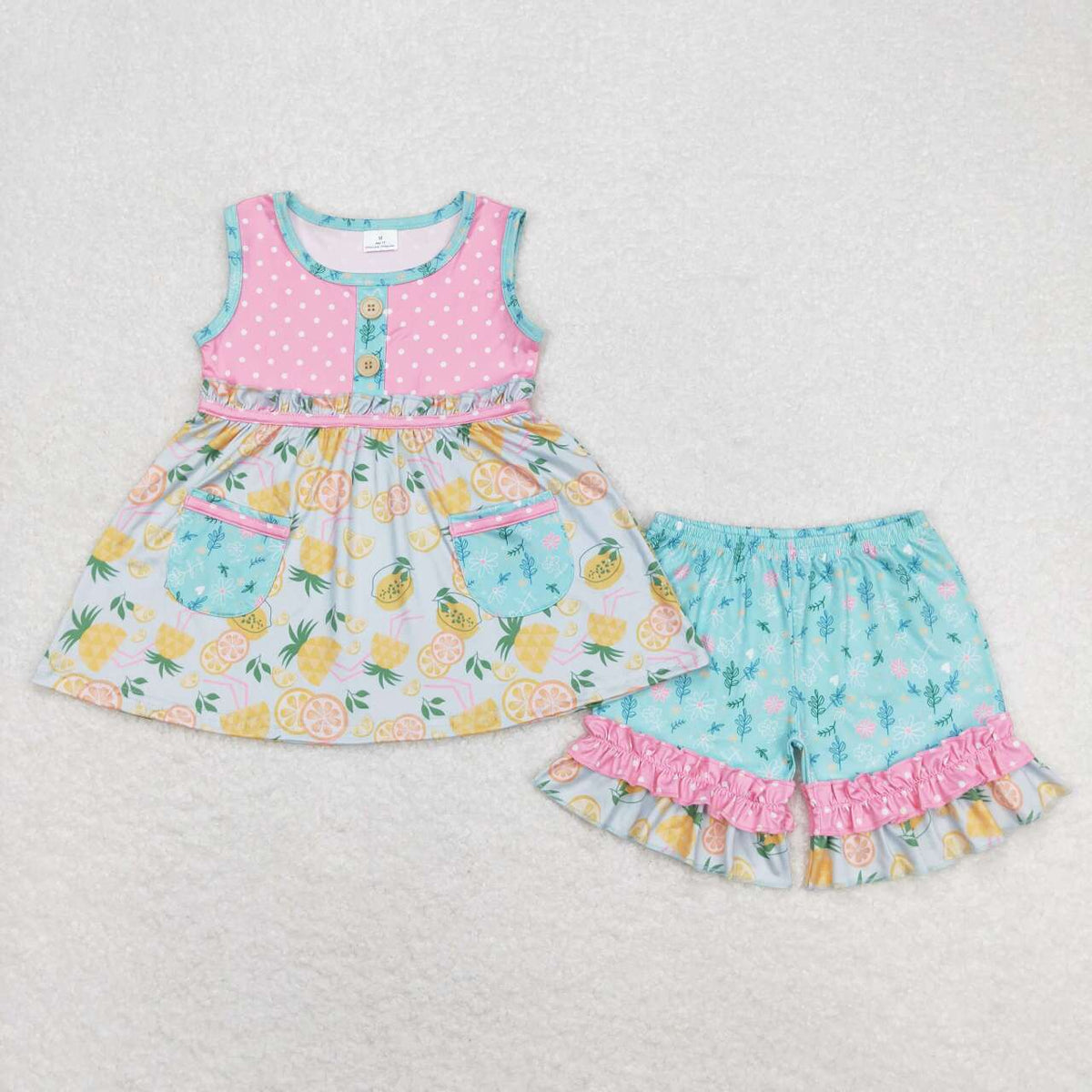 GSSO0783 lemon pineapple blue pockets pink sleeveless shorts girls set