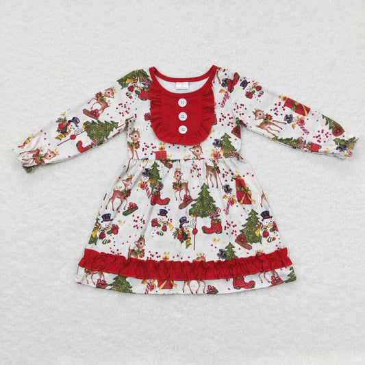 GLD0292 Christmas Deer Snowman Long Sleeve Girls Dress