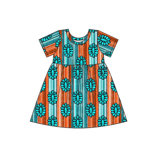 (pre order)GSD0393 Blue Orange Striped Gemstone Short Sleeve Girl Dress