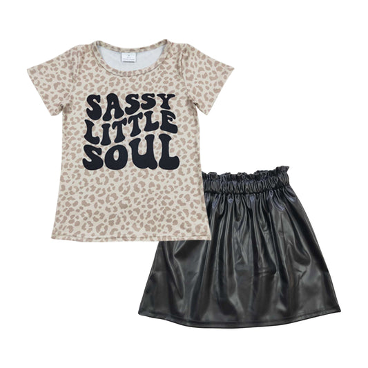 GSD0413 Sassy Little Soul Leopard Short Sleeves Black Leather Skirt Girls Set