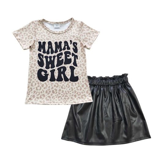 GSD0414 Mama's Sweet Girl Leopard Short Sleeves Black Leather Skirt Girls Set