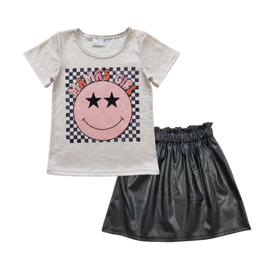 GSD0415 Mama's Girl Smile Short Sleeves Black Leather Skirt Girls Set