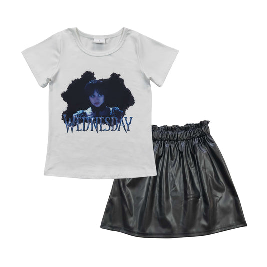 GSD0416 WED White Short Sleeves Black Leather Skirt Girls Set