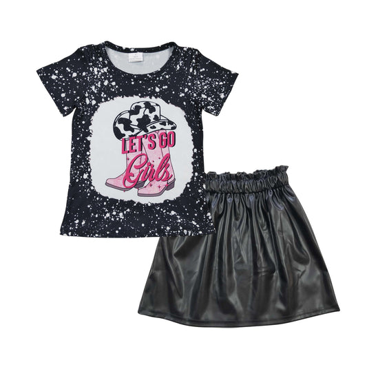 GSD0417 Western Girl Boot Short Sleeves Black Leather Skirt Girls Set