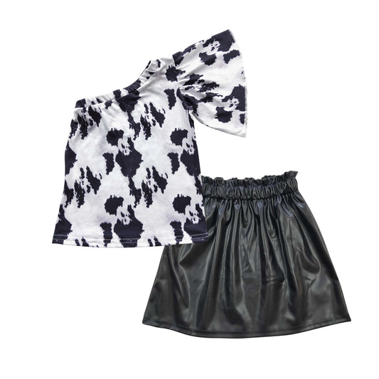 GSD0417 Ink Pattern Single Sleeves Black Leather Skirt Girls Set