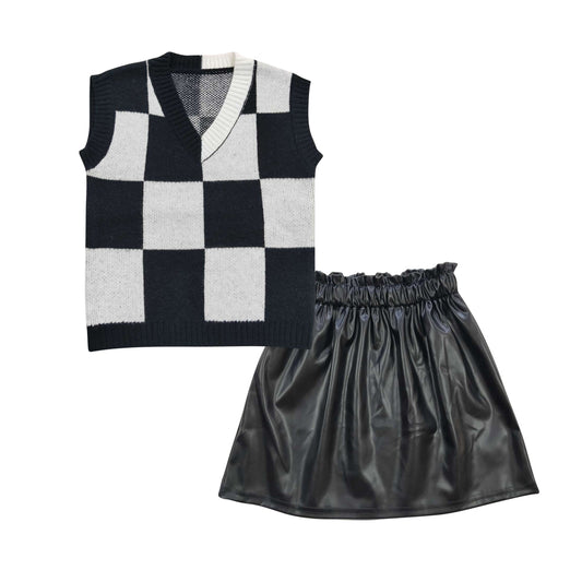 GSD0419 White & Black Plaid Vest Movie Sweater Leather Skirt Girls Set