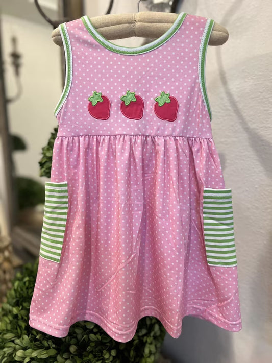 preorder GSD0420 Strawberry Embroidery Pink Dot Pocket Sleeveless Girls Dress