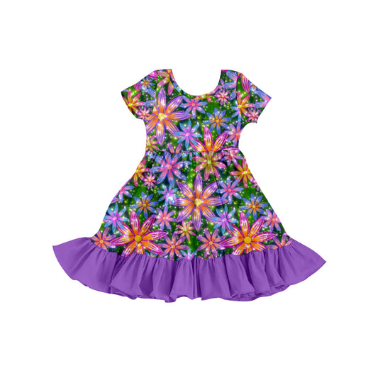 preorder GSD0428 Colorful Flowers Purple Short Sleeves Girls Summer Dress