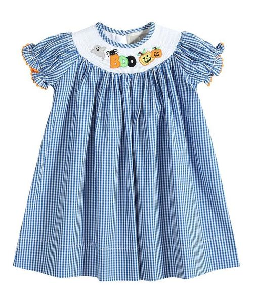 preorder GSD0467 Halloween pumpkin smock blue short sleeve girls dress