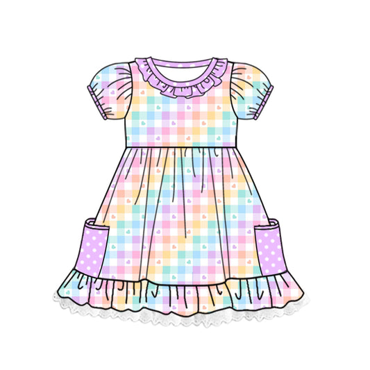 preorder GSD0487 Colorful heart checkered short sleeve girls dress