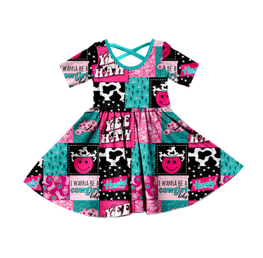preorder GSD0520 I wanna be a cowgirl hot pink short sleeve girls dress