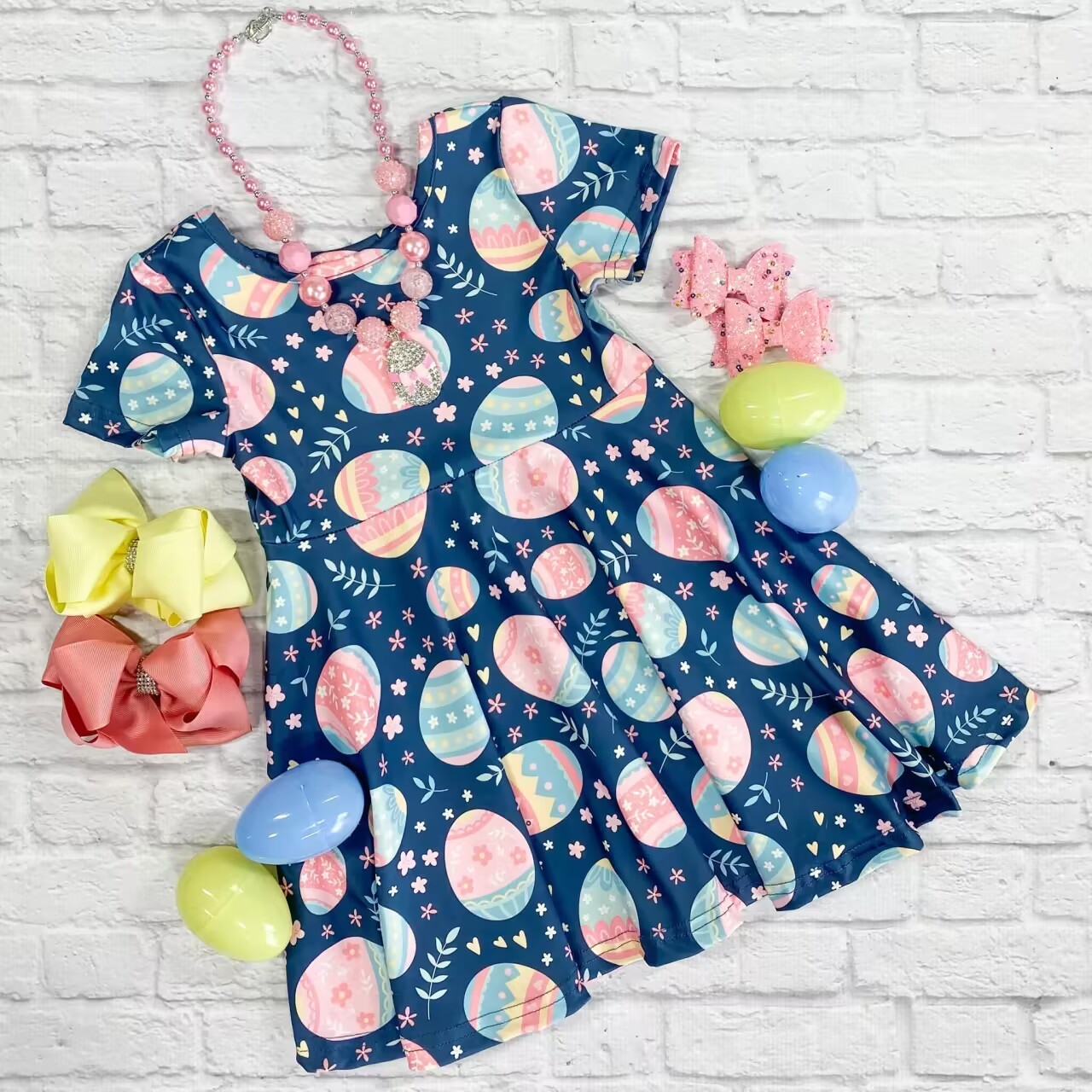 preorder GSD0533 Easter egg flowers navy short sleeve girls dress