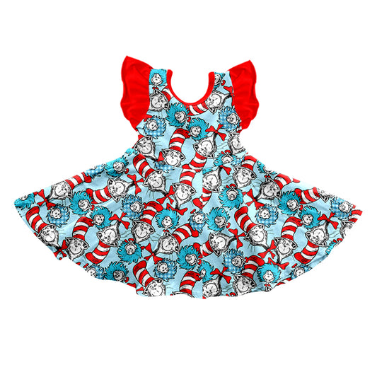 preorder GSD0560 Cartoon dr red blue flutter sleeve girls dress