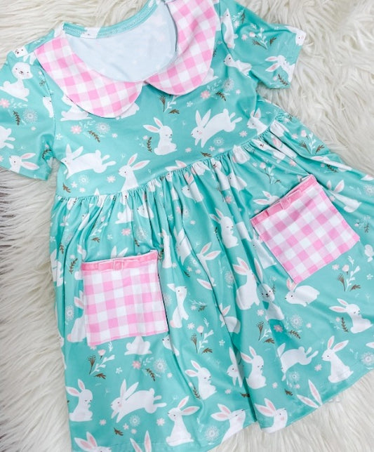 preorder GSD0572 Easter rabbit green pocket short sleeve girls dress