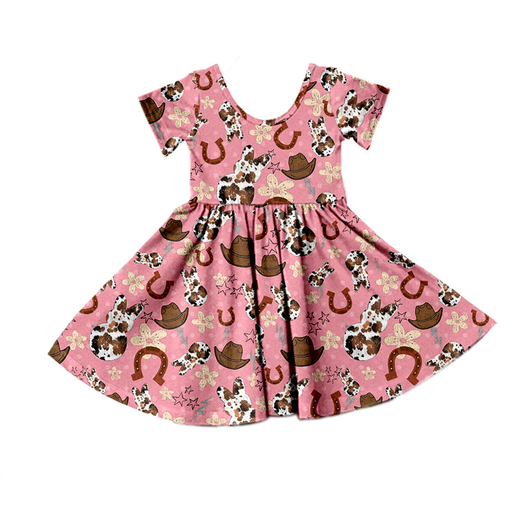 preorder GSD0584 Western cow print rabbit pink short sleeve girls dress