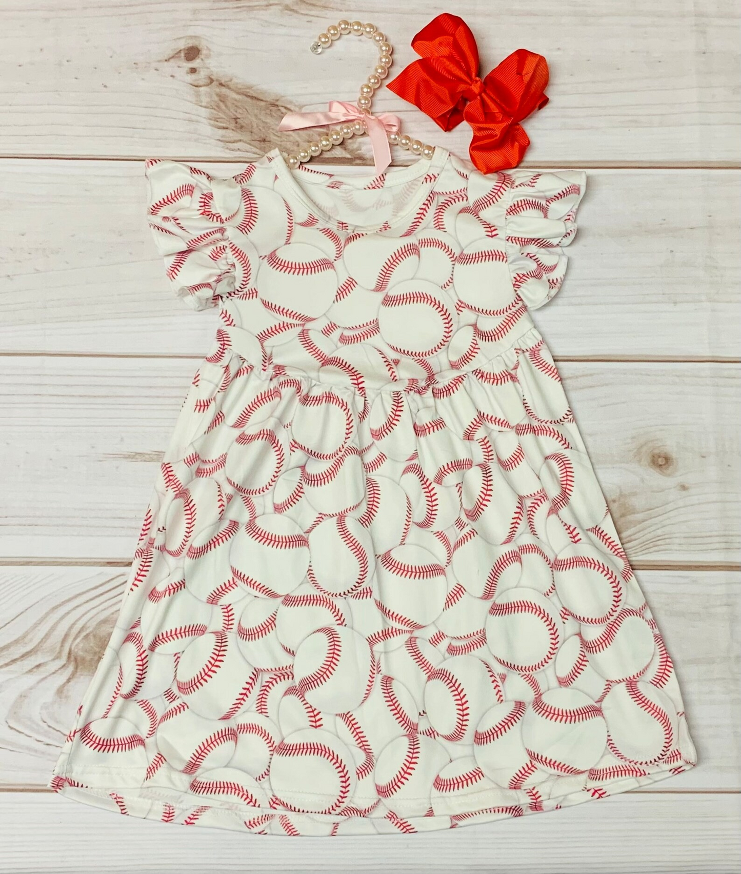 preorder GSD0586 Baseball red white flutter sleeve girls dress