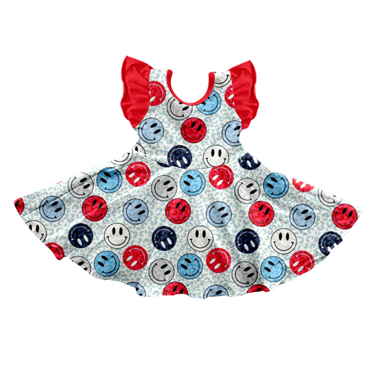 preorder GSD0588 Colorful smile blue leopard red flutter sleeve girls dress