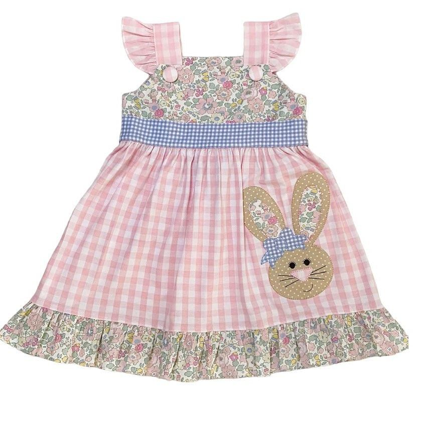 preorder GSD0593 Easter rabbit flowers pink checkered flutter sleeve girls dress