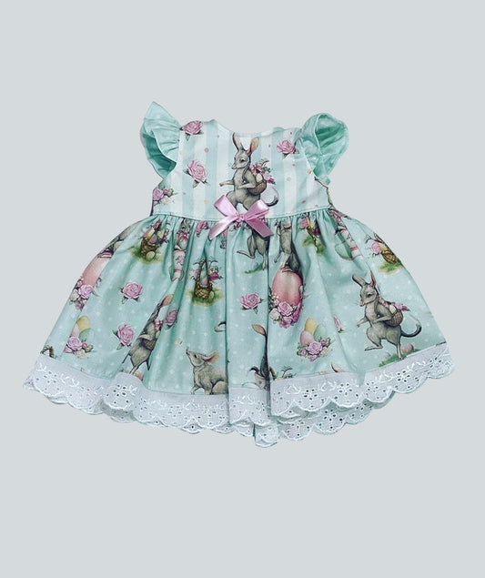 preorder GSD0618 Rabbit flowers green striped flutter sleeve girls dress