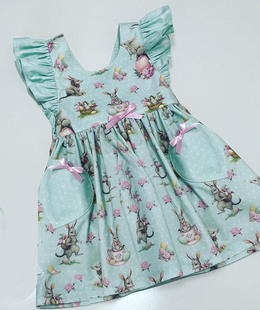 preorder GSD0619 Rabbit flowers green pockets flutter sleeve girls dress